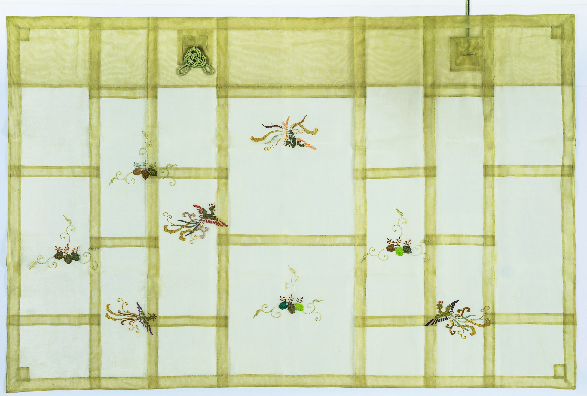 （梅金オリジナル）萌黄色綟子紗ボカシ桐鳳凰縫付御七条袈裟、坐具